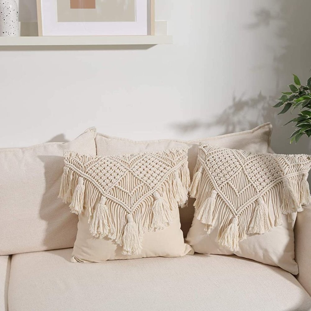 Tassel Macrame Throw Pillow Boho Indie Case Cushion Cover for Bed/Sofa/Patio - Picture 3 of 7